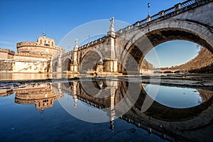 Bridge Ponte Sant' Angelo and castel. River Tiber. Rome, Italy