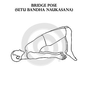 Bridge pose yoga workout. Setu Bandha Naukasana. Man doing yoga illustration outline