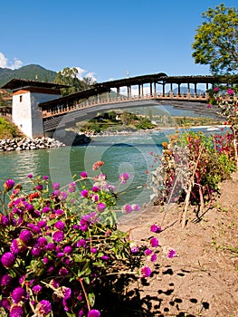 Bridge at Punakha Dzong and the Mo Chhu river in Bhutan