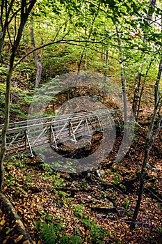 Bridge in Purgatory Chasm State Reservation on trail Berkshires, Massachusetts USA Autumn