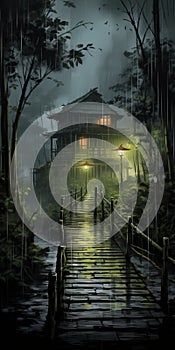 Exotic Realism Painting Of A Bridge With House And Trees In Nightcore Style photo