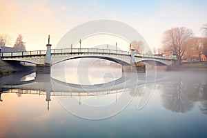 bridge reflecting on a calm river at dawn