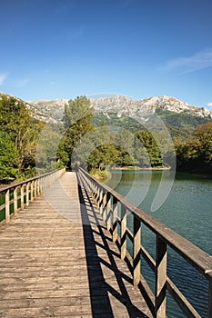Bridge in Reservoir of Valdemurio, Senda del Oso, Asturias, Spain photo