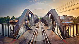 The bridge on the river Kwai. Railway in Kanchanaburi, Thailand. Panorama