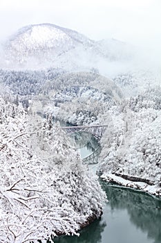 Bridge on a river with snow mountain, Fukushima.