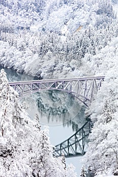 Bridge on a river with snow mountain, Fukushima.