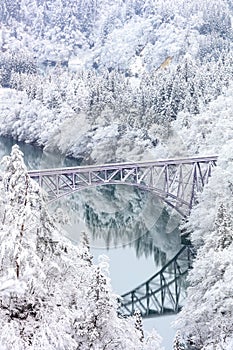 Bridge on a river with snow mountain, Fukushima.