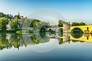 Bridge Saint-Benezet on the Rhone and Popes Palace in Avignon, Provence, France