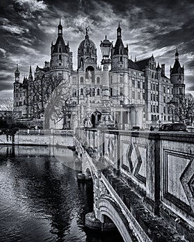Bridge and Schwerin Castle, Germany. black and white