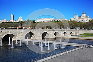 Bridge of Segovia, fountains, Royal Palace and Cathedral