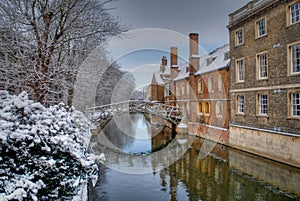 Bridge of Sighs with snow capped buildings at the University of Cambridge, England