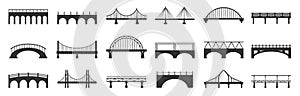 Bridge silhouette. Abstract footbridge constructions with stone metal girders, industrial urban architecture building