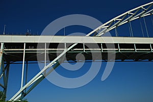 Steel bridge detail against a blue sky. Portland