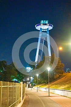 Bridge SNP and UFO tower view point over Danube river in Bratislava city, Slovakia at night