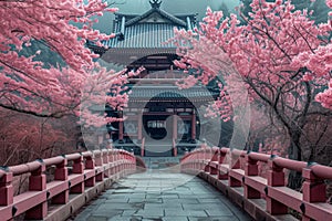 A bridge spanning over a serene river, embellished with vibrant pink flowers, creating a picturesque scene, Cherry blossom trees