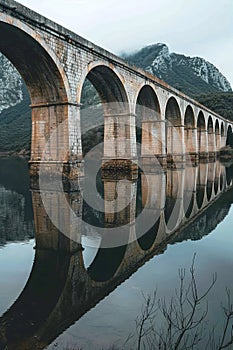 A bridge spans a river with a reflection of the bridge in the water