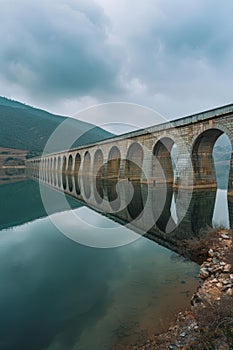 A bridge spans a river with a reflection of the bridge in the water