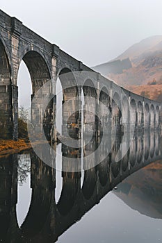 A bridge spans a river with a reflection of the bridge in the water