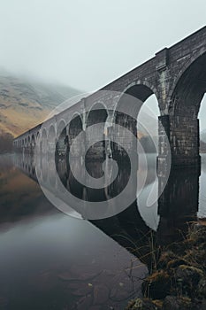 A bridge spans a river with a reflection of the bridge in the water