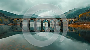 A bridge spans a river with a reflection of the bridge in the water