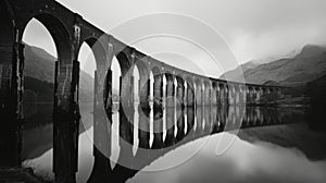A bridge spans a river with a reflection of the bridge in the water