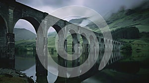 A bridge spans a river with a reflection of the bridge in the water