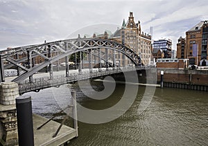 Bridge in Speicherstadt, Hambug Germany, the largest timber-pile founded warehouse district in the world.