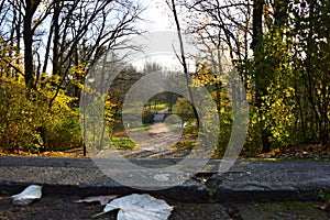 Bridge and stairs going down in autumn park