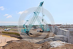 Bridge Structure with Crane heavy Machine on Toll road