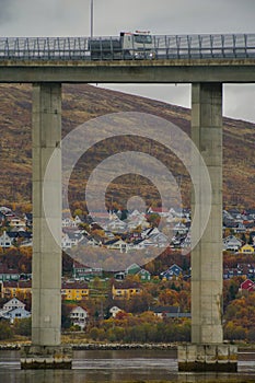 Bridge and suburban housing area in the city of Tromso