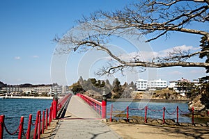 Bridge to mainland Matsushima from small island of Fukuurajima Japan