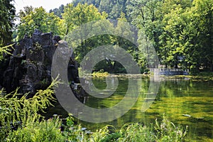 Bridge to the restaurant in the Park with a lake in the spa town Rajecke Teplice in Slovakia.