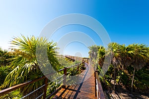 The bridge to the sandy beach Playa Paradise of the island of Cayo Largo, Cuba. Copy space for text. photo