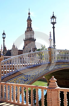 Bridge and tower at Plaza de Espana, Seville Spain photo