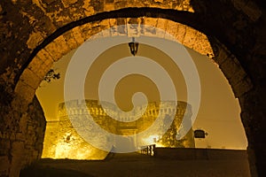 Bridge and towers of Kalemegdan fortress covered with fog at night, Belgrade