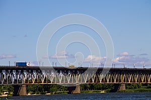 Bridge with traffic over the Dnieper river in Kremenchug