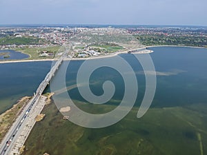 Bridge traffic over Olt river near Slatina, Romania ,aerial view