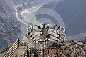 Bridge vantage point of scenic Omega Bend of Yangtze River Yunan, China.