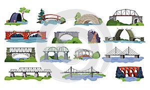 Bridge vector bridged urban crossover architecture and bridge-construction for transportation illustration set of river