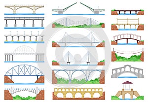 Bridge vector urban crossover architecture and bridge-construction for transportation illustration bridged set of river