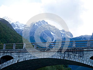 Bridge viewpoint with Snow covered mountain peaks