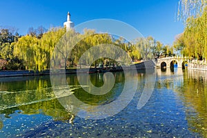 Bridge Willows Buddhist White Stupa Beihai Lake Park Beijing Chi