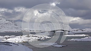 Bridge in the Winter Fjord and Clouds. Fast Motion