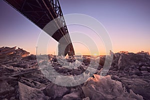 Bridge through Zeya river at sunrise