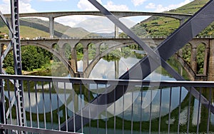 Bridges across Douro River east of Porto in the Portuguese wine region, Peso da Regua, Portugal
