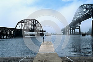 Bridges and dock in the fog in Duluth, Minnesota