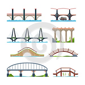 Bridges flat. Architectural urban objects bridge with column or aqueduct beam vector pictures