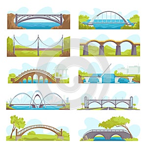 Bridges icons set of urban and suspension structure isolated vector illustrations. Bridged urban crossover architecture photo