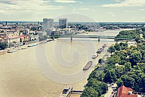 Bridges over the Danube river in Bratislava city, Slovakia, retro photo filter