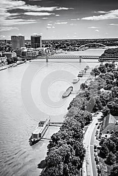 Bridges over the Danube river in Bratislava, colorless